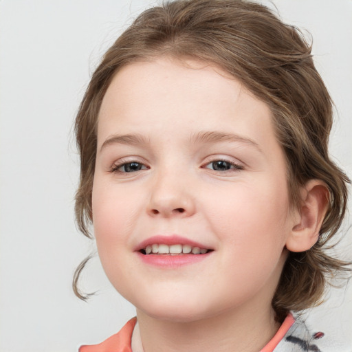 Joyful white child female with medium  brown hair and blue eyes