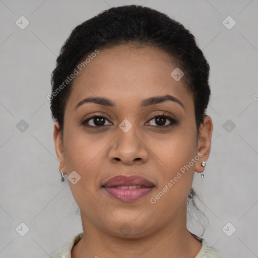 Joyful latino young-adult female with short  brown hair and brown eyes