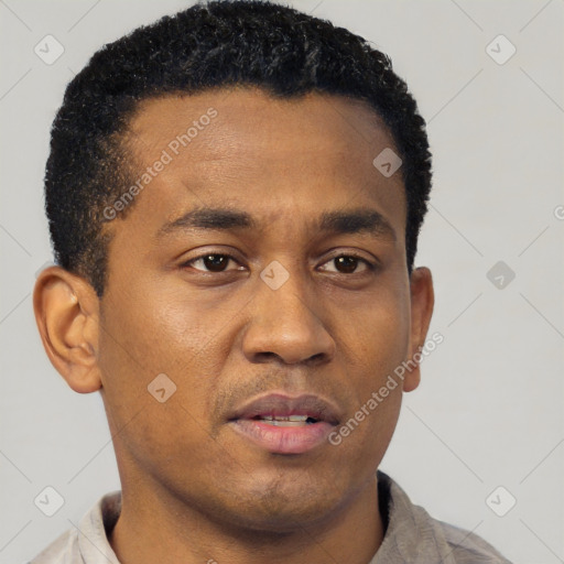 Neutral latino young-adult male with short  brown hair and brown eyes