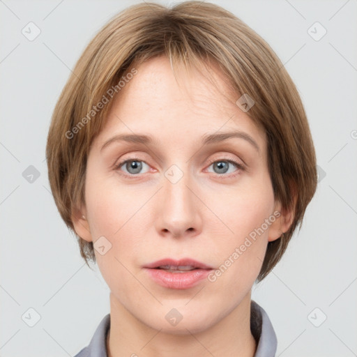 Neutral white young-adult female with medium  brown hair and grey eyes