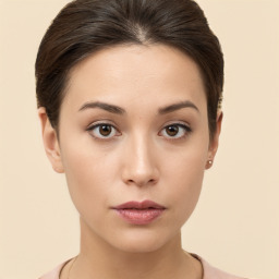 Neutral white young-adult female with short  brown hair and brown eyes