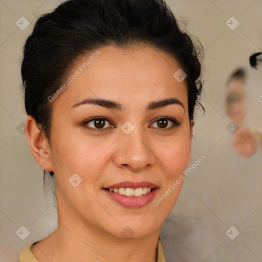 Joyful latino young-adult female with short  brown hair and brown eyes