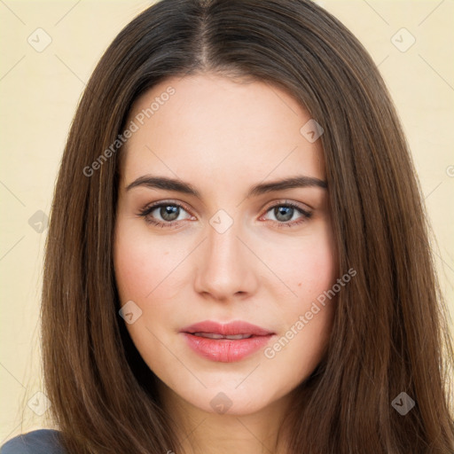 Neutral white young-adult female with long  brown hair and brown eyes