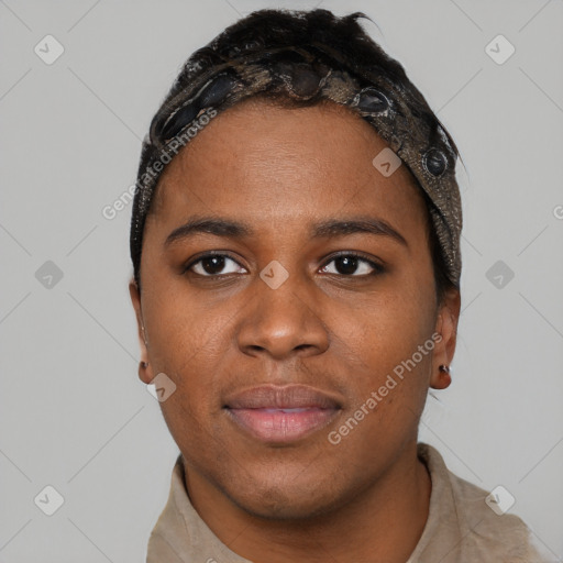 Neutral black young-adult female with short  black hair and brown eyes