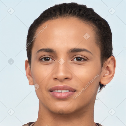 Joyful white young-adult female with short  brown hair and brown eyes