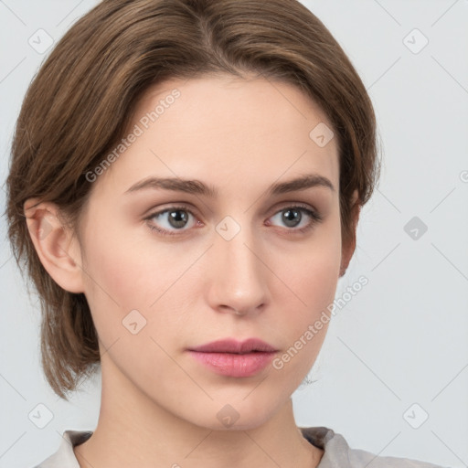 Neutral white young-adult female with medium  brown hair and grey eyes