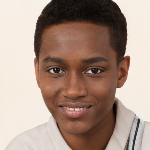 Joyful black young-adult male with short  brown hair and brown eyes