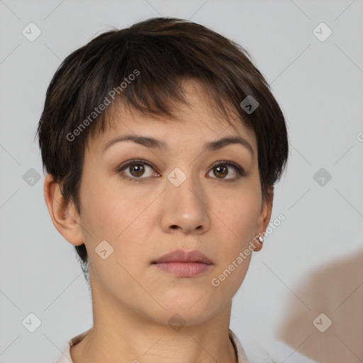 Neutral white young-adult female with short  brown hair and brown eyes