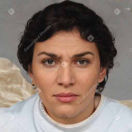 Neutral white young-adult female with short  brown hair and brown eyes