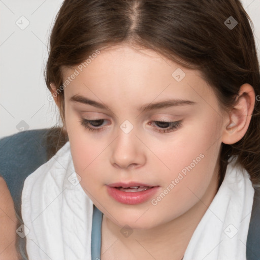 Joyful white child female with medium  brown hair and brown eyes