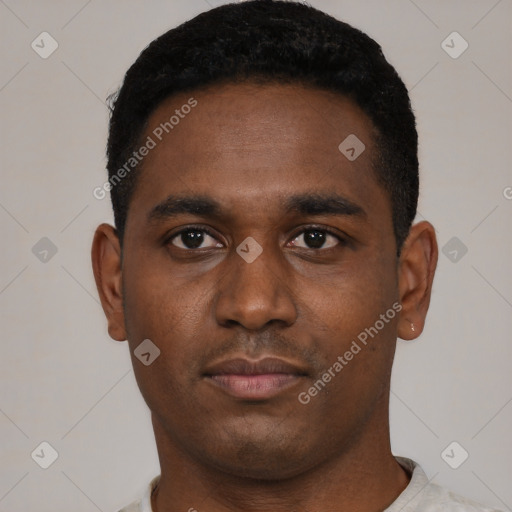Neutral black young-adult male with short  black hair and brown eyes