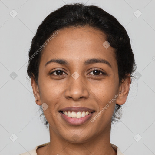 Joyful latino young-adult female with short  black hair and brown eyes