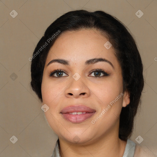 Joyful white young-adult female with medium  black hair and brown eyes