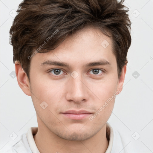 Neutral white young-adult male with short  brown hair and grey eyes