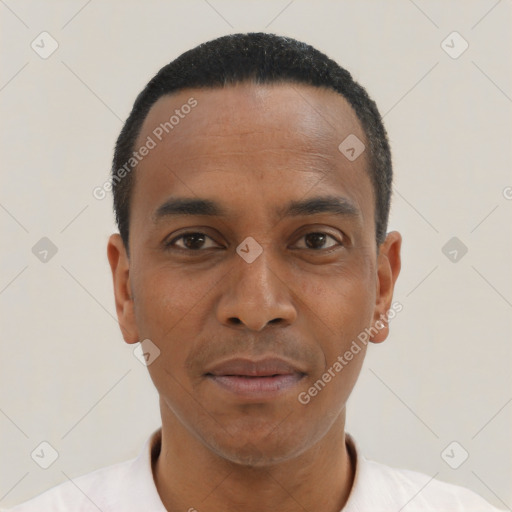 Neutral black young-adult male with short  black hair and brown eyes