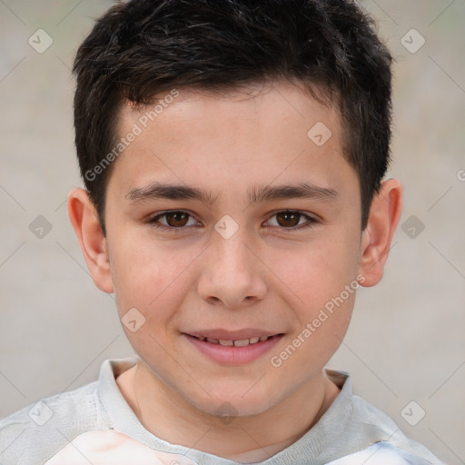 Joyful white child male with short  brown hair and brown eyes