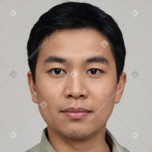 Neutral asian young-adult male with short  black hair and brown eyes