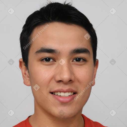 Joyful white young-adult male with short  black hair and brown eyes