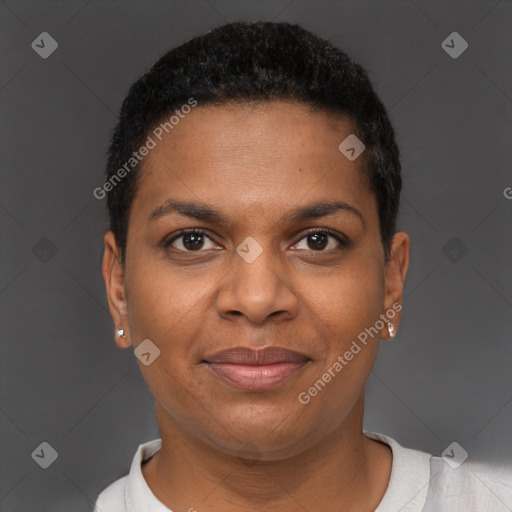 Joyful black young-adult female with short  brown hair and brown eyes