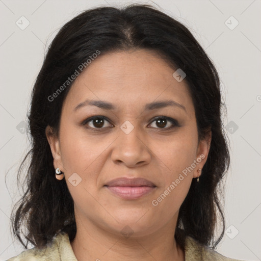 Joyful latino young-adult female with medium  brown hair and brown eyes