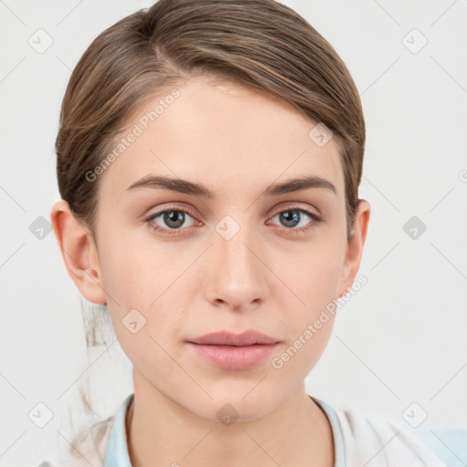 Neutral white young-adult female with medium  brown hair and grey eyes