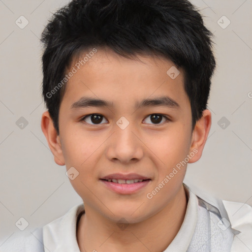 Joyful asian child male with short  brown hair and brown eyes