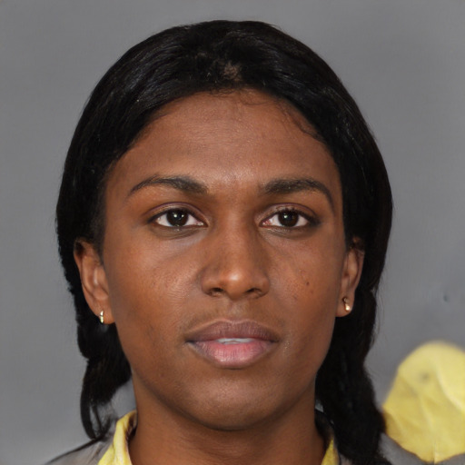 Neutral black young-adult female with medium  black hair and brown eyes