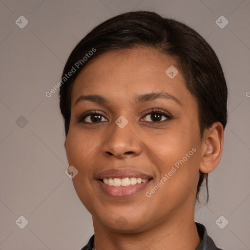 Joyful white young-adult female with medium  brown hair and brown eyes