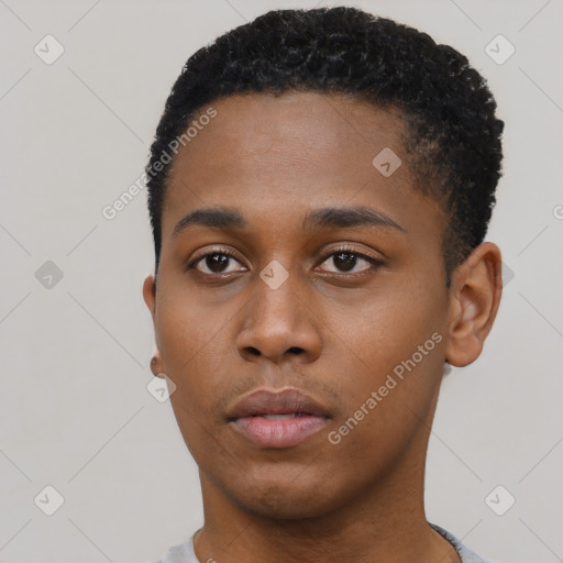 Neutral black young-adult male with short  black hair and brown eyes