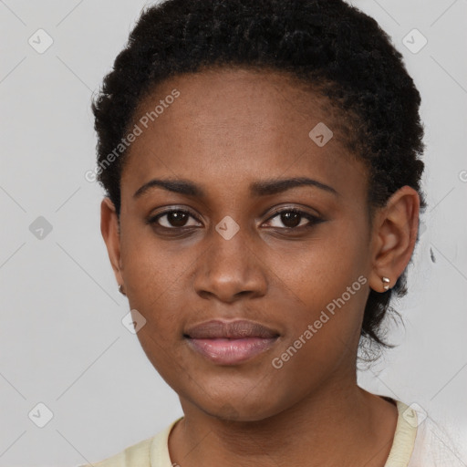 Neutral black young-adult female with short  brown hair and brown eyes