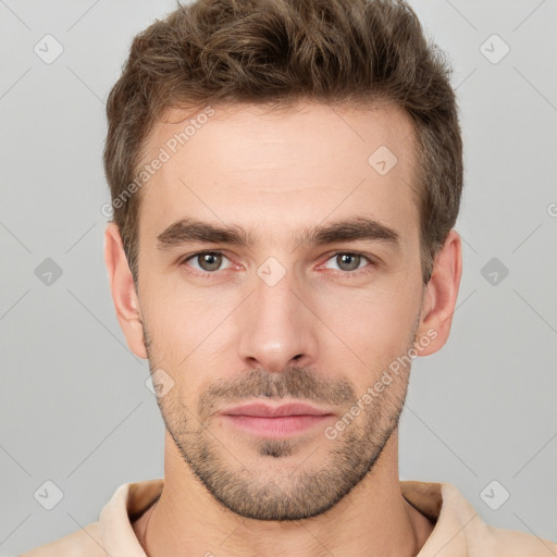 Neutral white young-adult male with short  brown hair and brown eyes