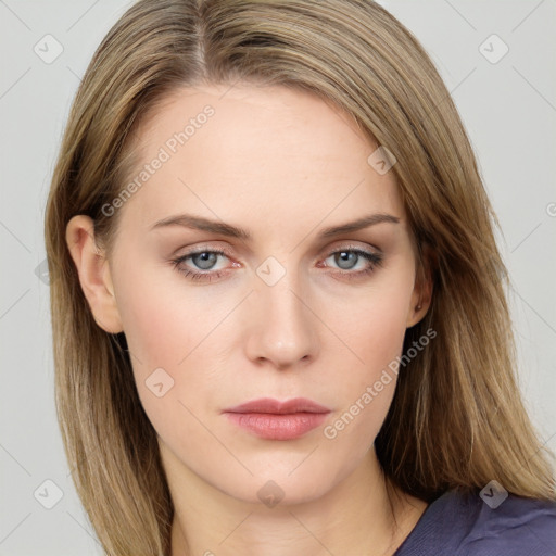 Neutral white young-adult female with long  brown hair and grey eyes