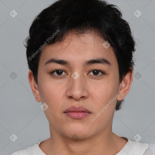 Neutral asian young-adult female with short  brown hair and brown eyes