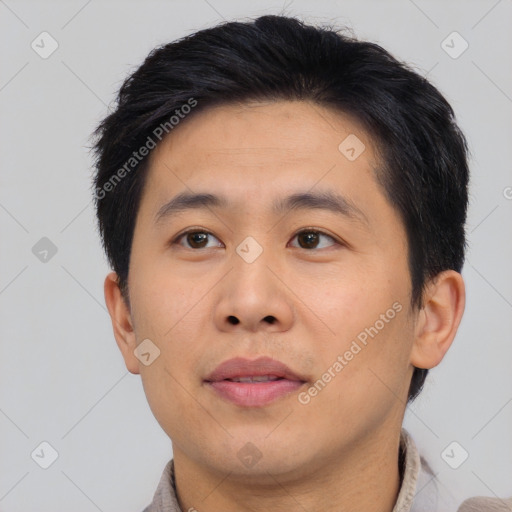 Neutral asian young-adult male with short  brown hair and brown eyes