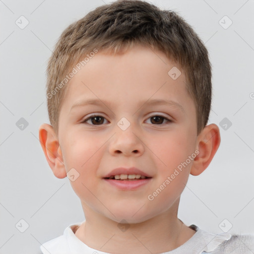 Joyful white child male with short  brown hair and brown eyes