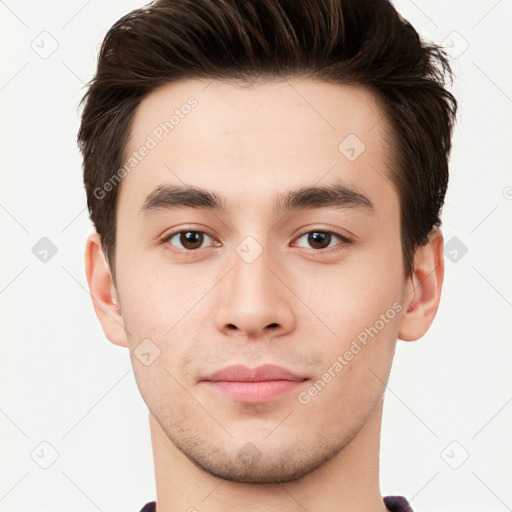 Neutral white young-adult male with short  brown hair and brown eyes