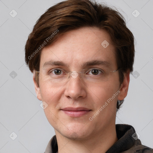 Joyful white adult male with short  brown hair and grey eyes