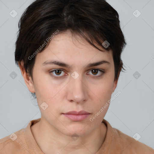 Neutral white young-adult female with short  brown hair and brown eyes