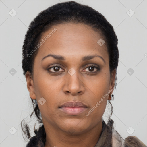Neutral black young-adult female with short  black hair and brown eyes