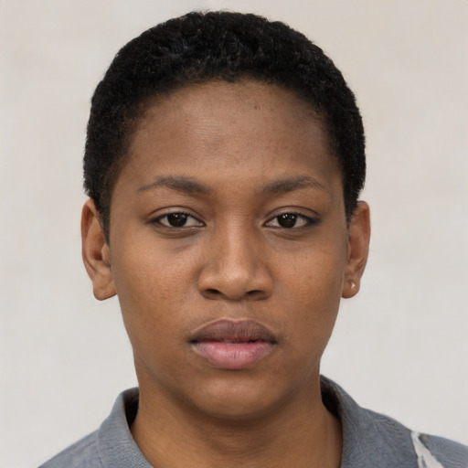 Neutral black young-adult female with short  black hair and brown eyes