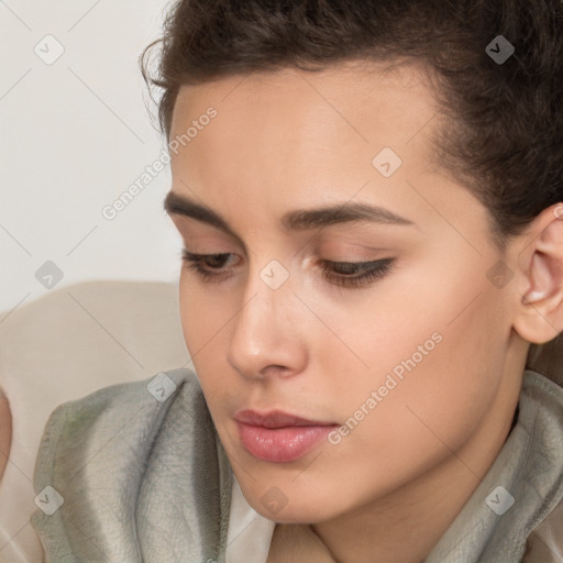 Neutral white young-adult female with short  brown hair and brown eyes