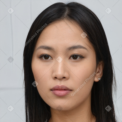 Neutral asian young-adult female with long  black hair and brown eyes