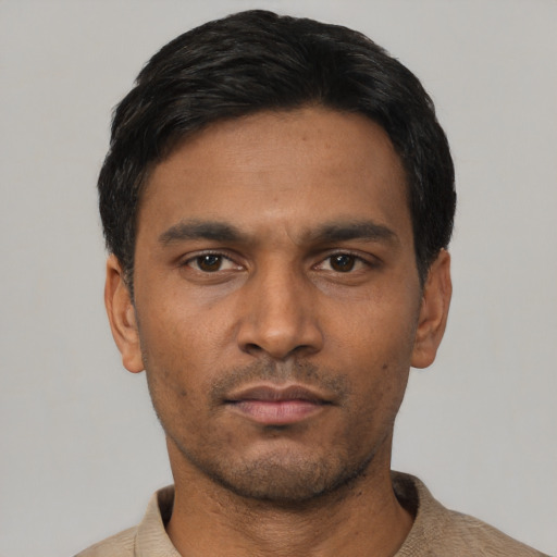 Neutral asian young-adult male with short  black hair and brown eyes