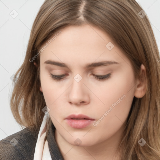 Neutral white young-adult female with long  brown hair and brown eyes