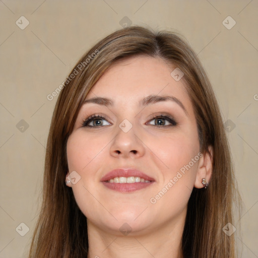 Joyful white young-adult female with long  brown hair and grey eyes