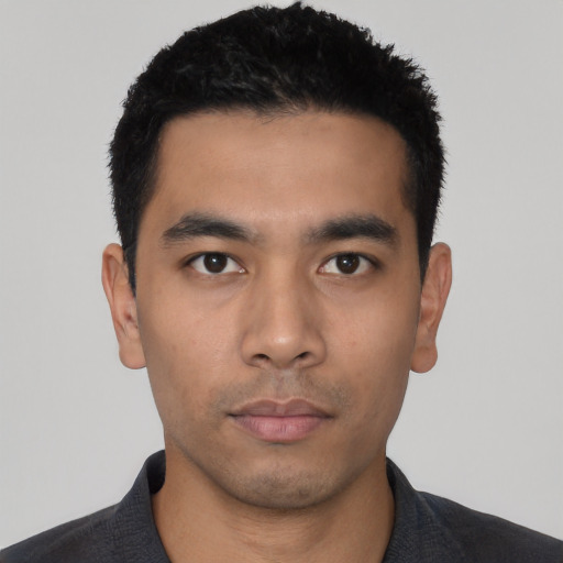 Neutral asian young-adult male with short  black hair and brown eyes