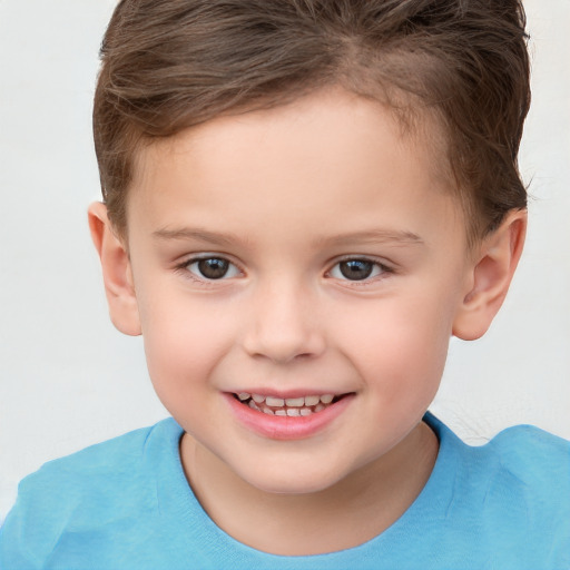 Joyful white child female with short  brown hair and brown eyes