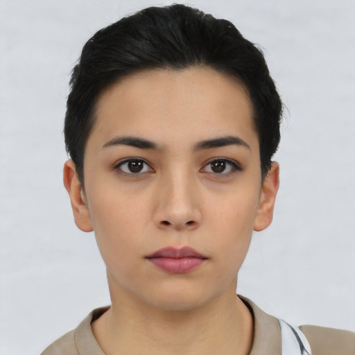 Neutral asian young-adult female with short  black hair and brown eyes