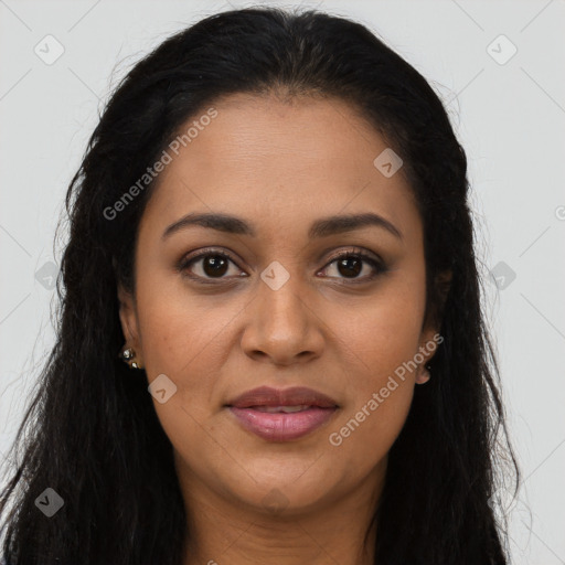 Joyful latino young-adult female with long  brown hair and brown eyes