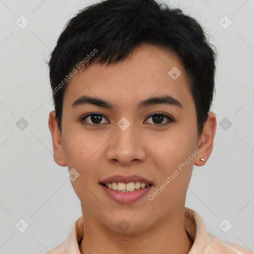 Joyful asian young-adult female with short  black hair and brown eyes